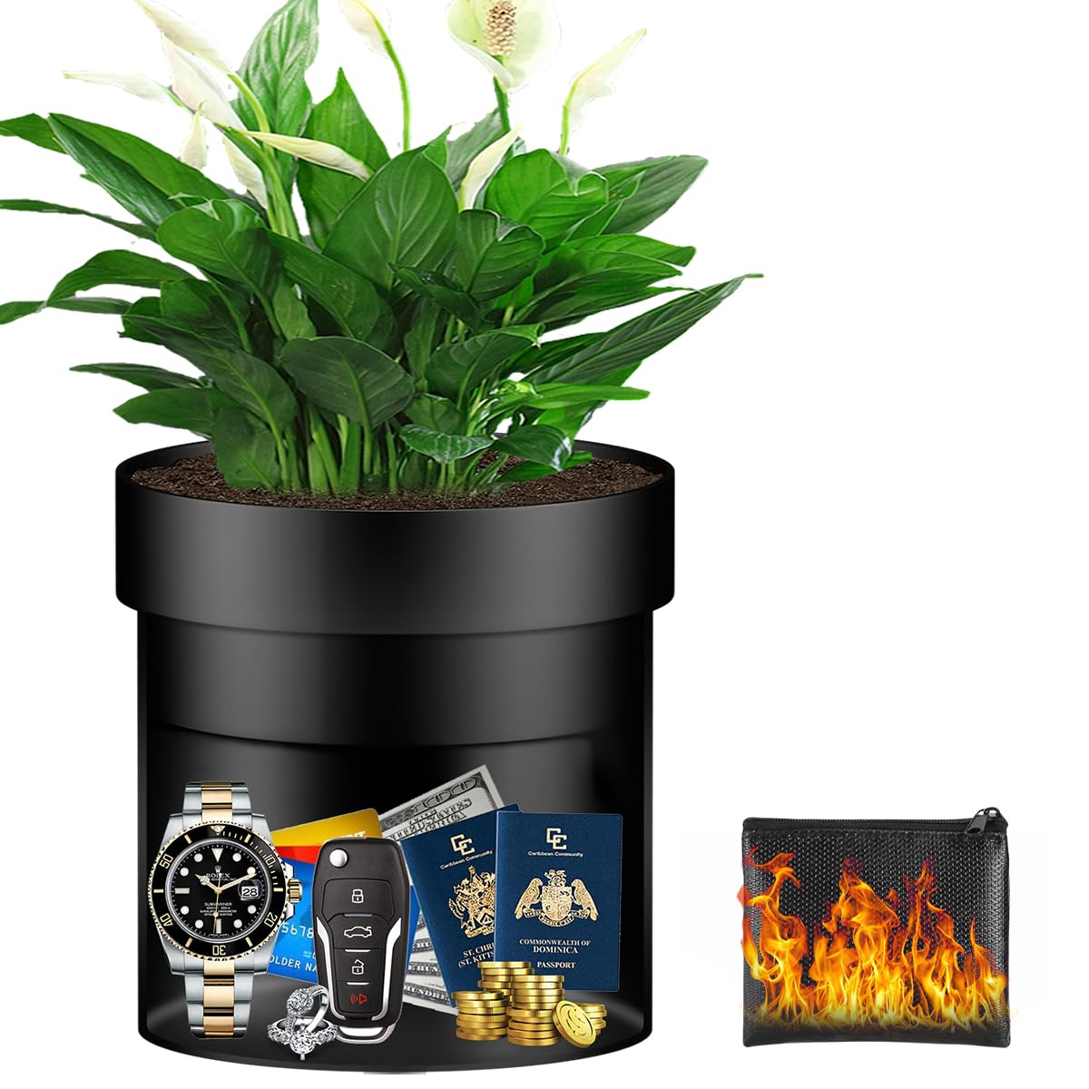 Sdstone Fireresistant Waterproof Flower Pot Diversion Safe with Fireproof Money Bag and Lock,Stainless Steel Secret Hidden Safe,Perfect for Hiding The Valuables Inside (Black) Plants Not Include