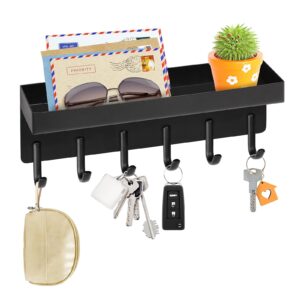 vis'v key holder wall mount, matte black stainless steel key mail holder small key rack with tray adhesive key hanger mail storge organizer with 6 key hooks for entryway hallway doorway