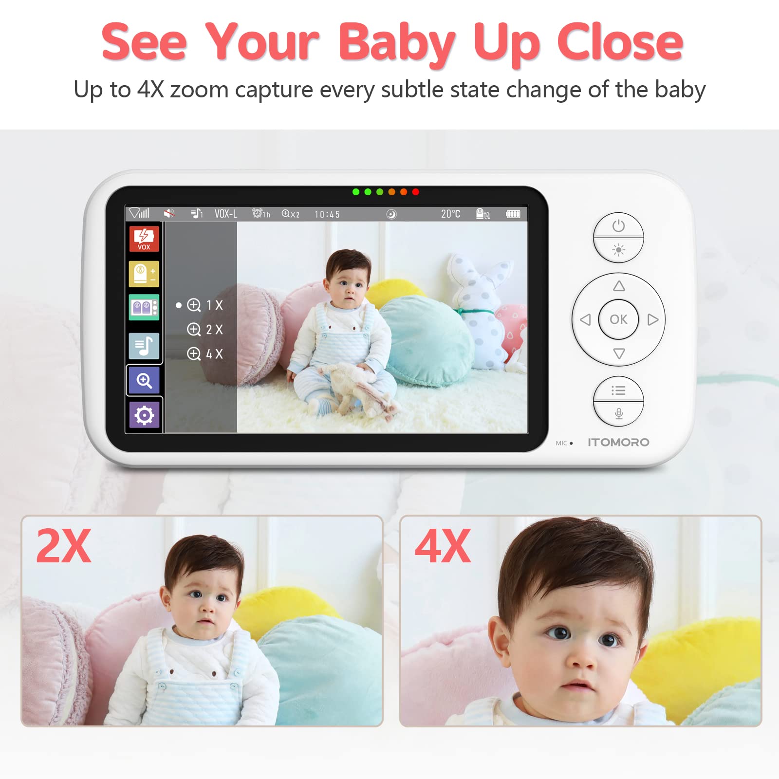 Itomoro Baby Monitor with 2 Cameras, 5" HD Split-Screen Video Baby Monitor Camera with Remote PTZ, 110° Wide Angle Lens, 2-Way Talk, 4X Zoom, Night Vision, 1000ft Range, 22h Battery Life, Lullabies