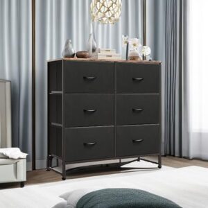 WLIVE Fabric Dresser for Bedroom, 6 Drawer Double Dresser, Storage Tower with Fabric Bins, Chest of Drawers for Closet, Living Room, Hallway, Black and Rustic Brown