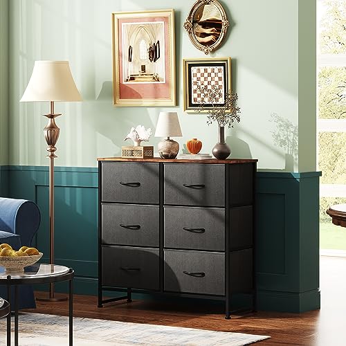 WLIVE Fabric Dresser for Bedroom, 6 Drawer Double Dresser, Storage Tower with Fabric Bins, Chest of Drawers for Closet, Living Room, Hallway, Black and Rustic Brown