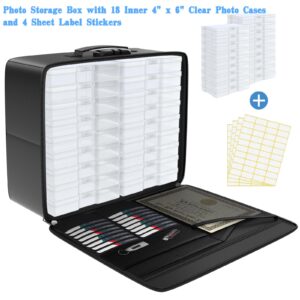 Fireproof Safe Photo Storage Box with 18 Inner 4" x 6" Clear Photo Cases, Portable Photo Organizer with Lock for Picture, Collapsible Photo Container with Handle and 18 Boxes 4 Sheet Label Stickers