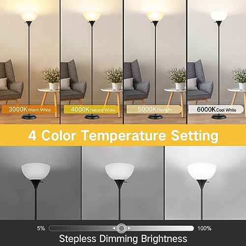 OUTON Standing Lamp, Modern Floor Lamp with Remote,4 Color Temperatures, Stepless Dimmable Brightness, Timmer, Torchiere Lamps for Living Room, Bedroom, Office, Reading(9W LED Bulbs Included)