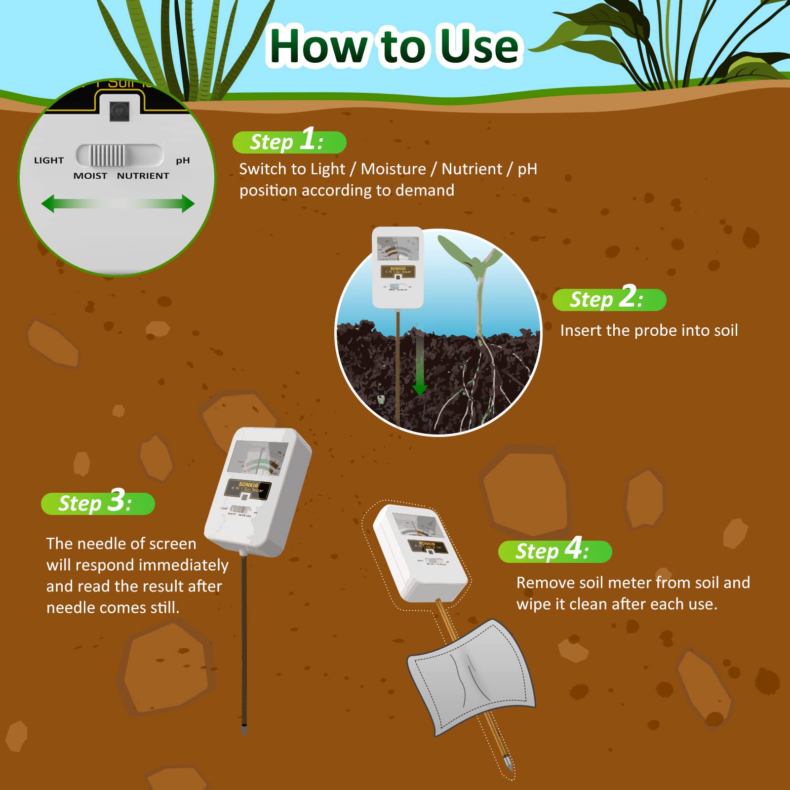 Sonkir Soil Moisture Meter, 4-in-1 Soil Ph Meter, Soil Tester for Nutrients, Moisture, PH and Light, Soil Ph Test Kits for Plant, Great for Garden, Lawn, Indoor & Outdoor Use (No Battery Required)