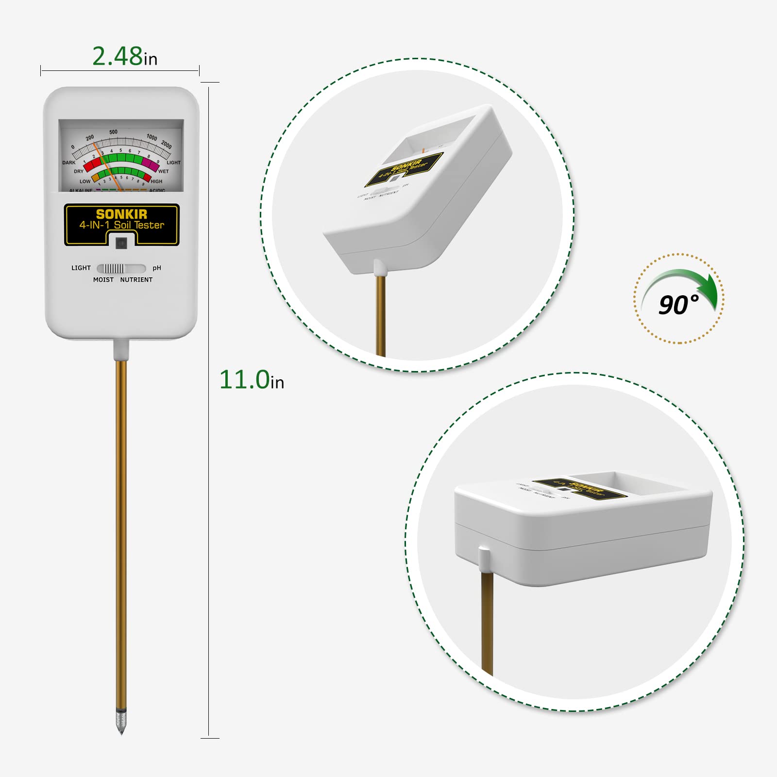 Sonkir Soil Moisture Meter, 4-in-1 Soil Ph Meter, Soil Tester for Nutrients, Moisture, PH and Light, Soil Ph Test Kits for Plant, Great for Garden, Lawn, Indoor & Outdoor Use (No Battery Required)