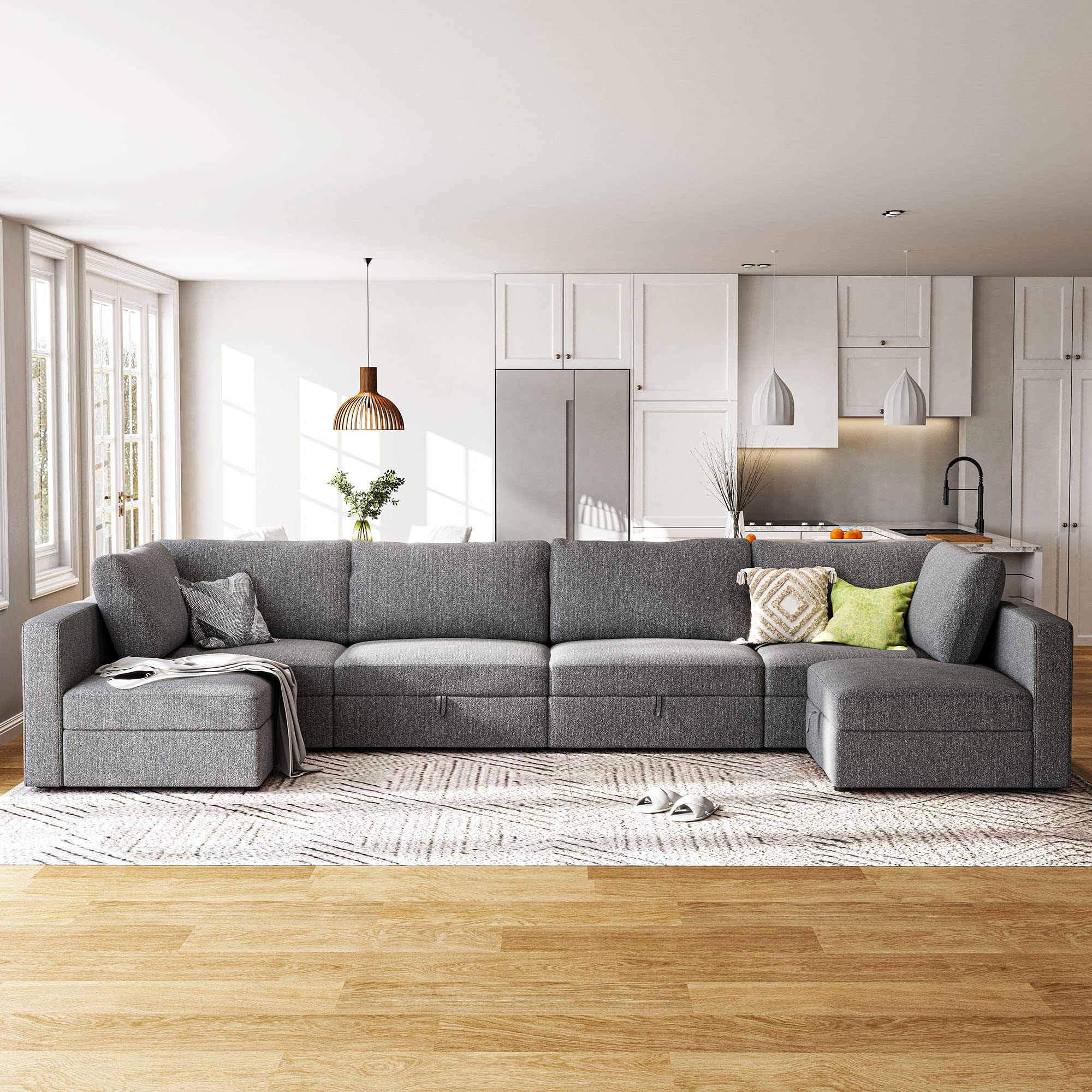 HONBAY Oversized Modular Sectional Sofa Reversible U Shaped Sectional Couch with Wide Chaise Modular Sofa with Storage Seat, Light Grey