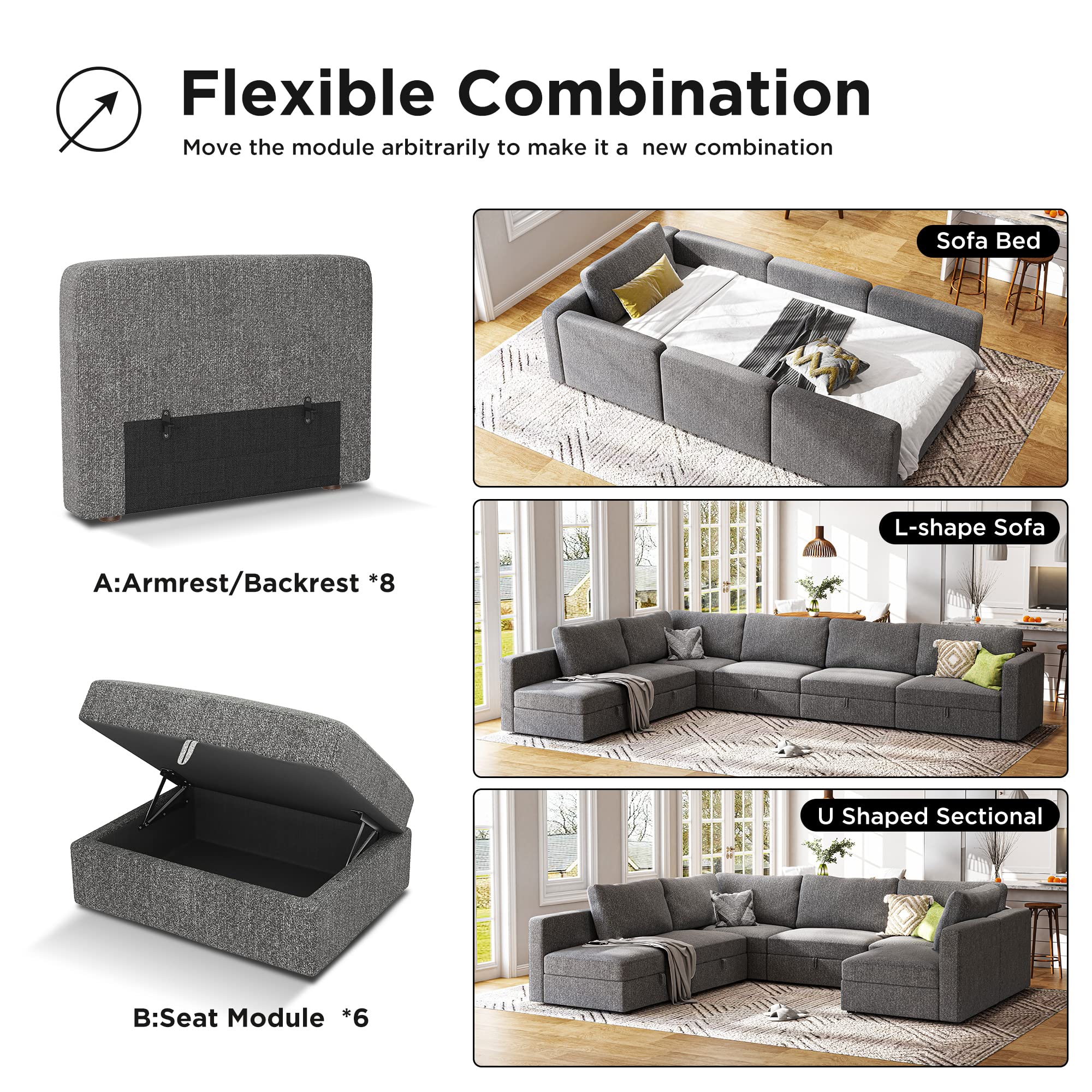 HONBAY Oversized Modular Sectional Sofa Reversible U Shaped Sectional Couch with Wide Chaise Modular Sofa with Storage Seat, Light Grey
