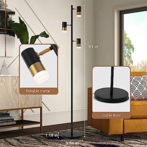 ADISUN LED Tree Floor Lamp for Living Room,Bedroom Black Standing Floor Lamp for Office,Bedroom,Dimmable Tall Lamp for Reading with 3 Adjustable Heads,Remote Control
