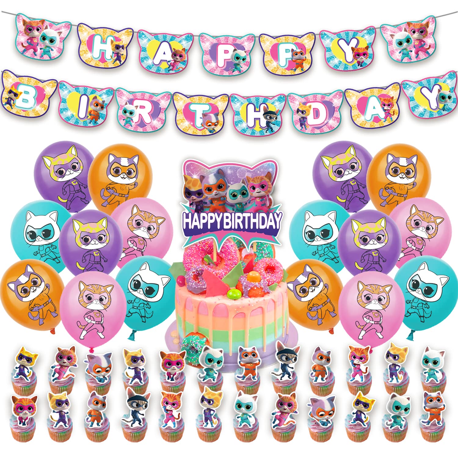 Birthday Party Supplies Super Kitties Includes The Super Kitties Inspired Happy Birthday Banner - Cake Topper - 24 Cupcake Toppers - 16 Balloons