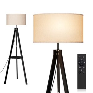 addlon tripod floor lamp with remote, floor lamps for living room, standing wood lamp with shelf, mid century lamp with led bulb for bedroom, office (stepless brightness, multiple cct)- black