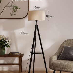 addlon Tripod Floor lamp with Remote, Floor Lamps for Living Room, Standing Wood lamp with Shelf, mid Century lamp with LED Bulb for Bedroom, Office (Stepless Brightness, Multiple CCT)- Black