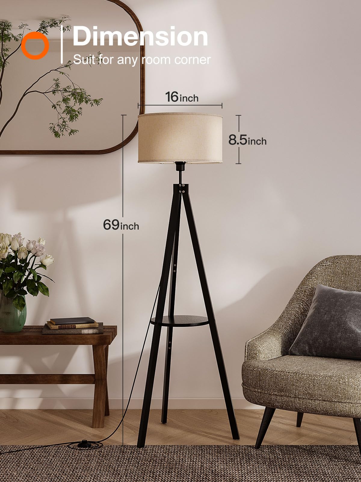 addlon Tripod Floor lamp with Remote, Floor Lamps for Living Room, Standing Wood lamp with Shelf, mid Century lamp with LED Bulb for Bedroom, Office (Stepless Brightness, Multiple CCT)- Black