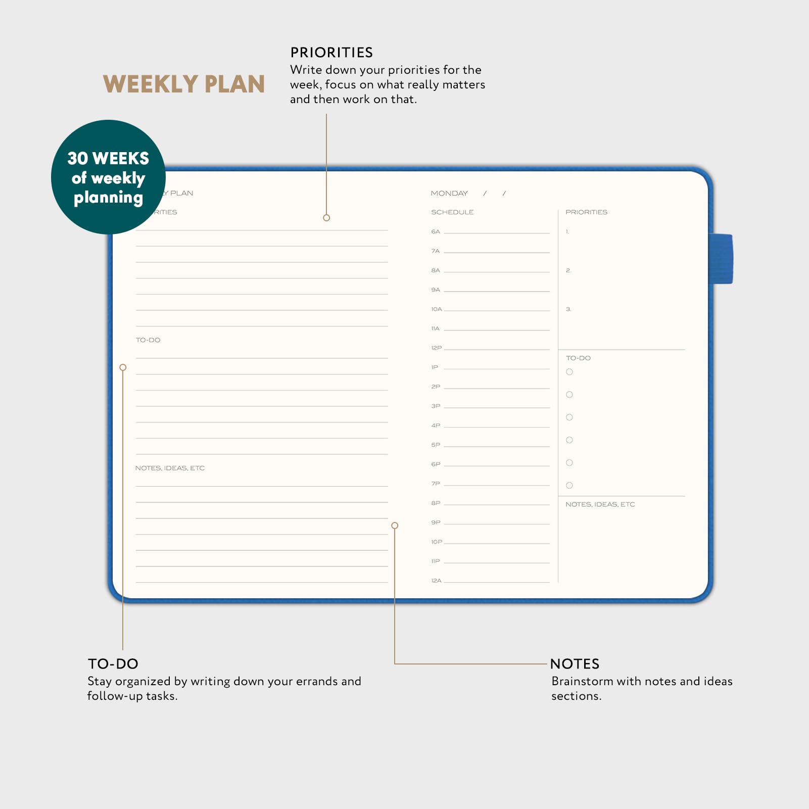 Daily Planner 2024. Undated Daily, Weekly & Monthly Planner with Time Slots. Achieve Your Goals – Organize Your Life with This Weekly Planner, A5 size, Hardcover Agenda. Start Anytime Weekly Monthly