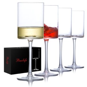 baclife white wine glasses set of 4 - square wine glasses 15oz in gift packaging - large red wine glass on long stem - unique modern shape - for men or women wedding, anniversary, christmas