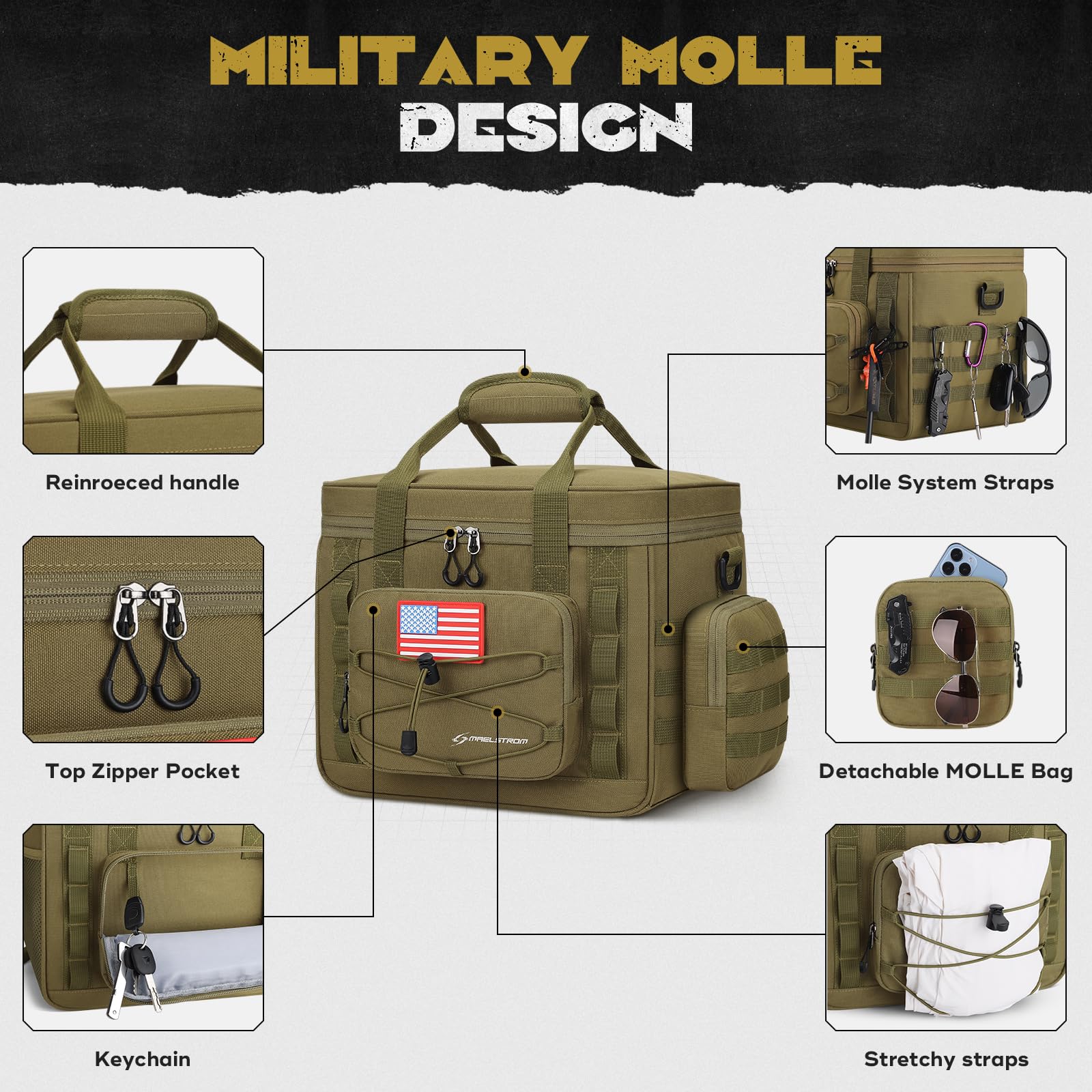 Maelstrom Tactical Lunch Box, Insulated Lunch Bag for Men, Large Durable Leakproof Cooler Bag with Detachable MOLLE Bags, Modern Lunch Tote for Adult Women Work,Picnic,20 Cans/15 L, Khaki