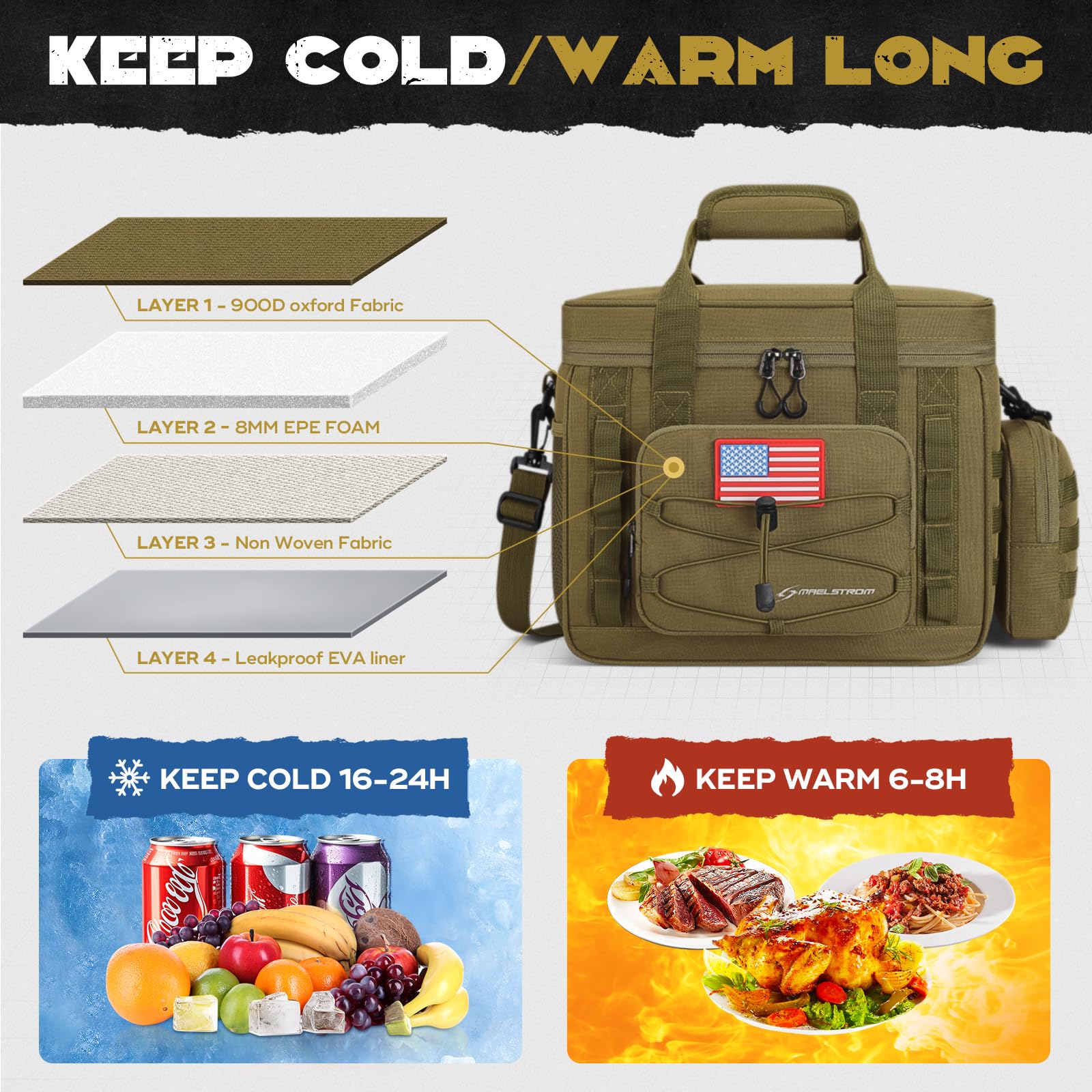 Maelstrom Tactical Lunch Box, Insulated Lunch Bag for Men, Large Durable Leakproof Cooler Bag with Detachable MOLLE Bags, Modern Lunch Tote for Adult Women Work,Picnic,20 Cans/15 L, Khaki