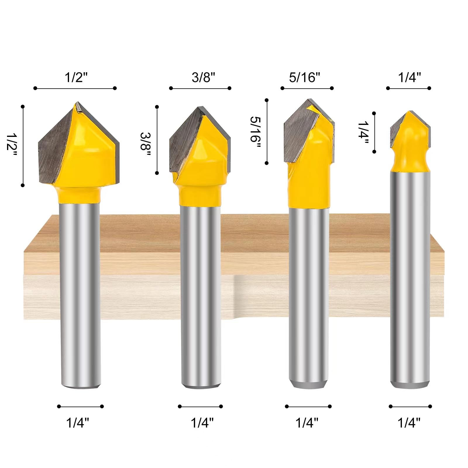 Yueqing Zhongji Industrial Grade 1/4 Shank 90 Degree V Groove Router Bits CNC Engraving V Grooving Bit Cutter for 3D Signmaking Lettering Carving Woodworking Tool Cutting Dia 1/2", 3/8", 5/16", 1/4"