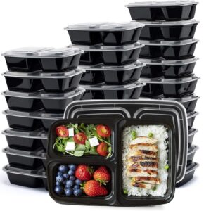 meal prep containers with lids 50 set, 3 compartment divided food storage containers reusable to-go container plastic lunch box disposable bento box - microwave safe (33 oz)