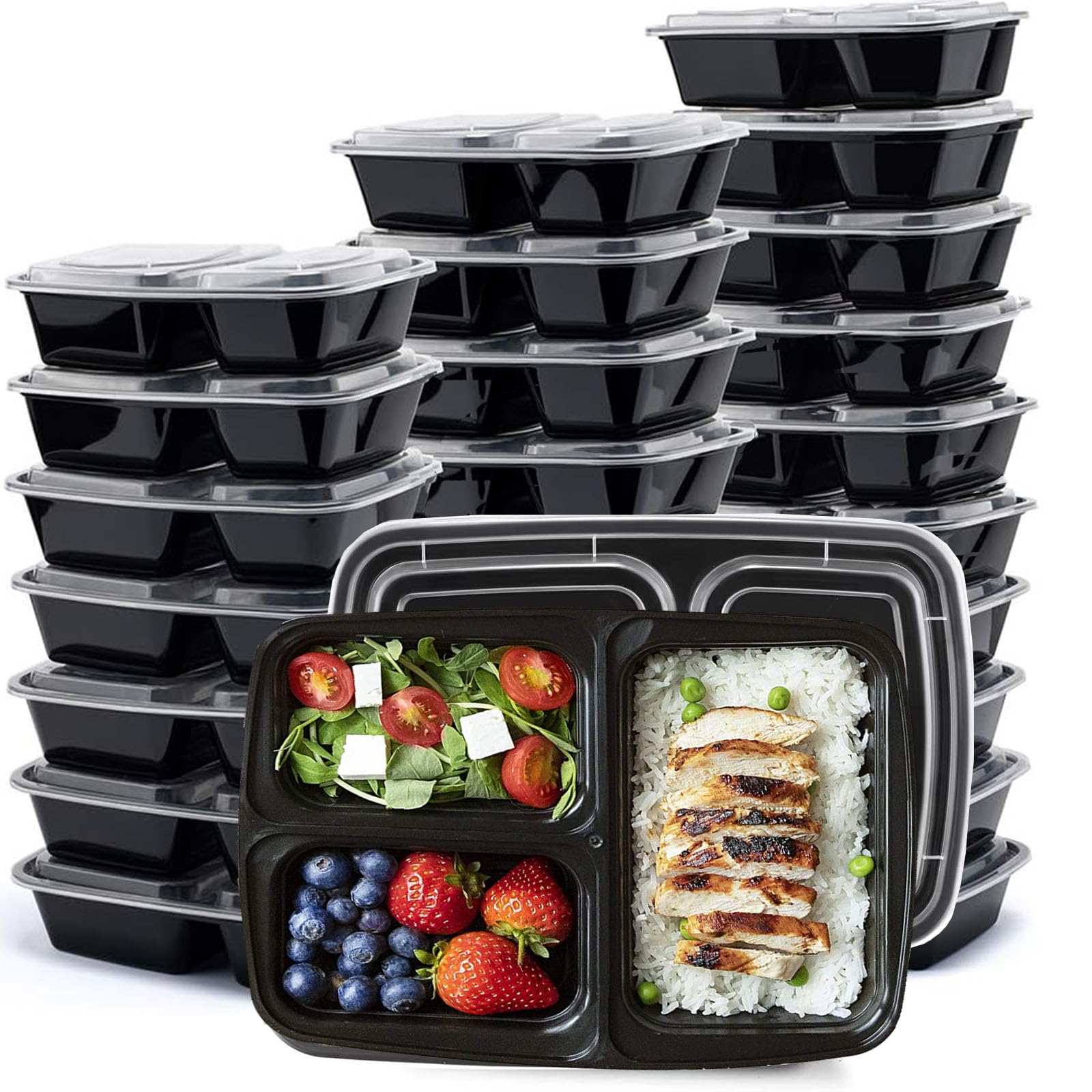 Meal Prep Containers With Lids 50 Set, 3 Compartment Divided Food Storage Containers Reusable To-go Container Plastic Lunch Box Disposable Bento Box - Microwave Safe (33 oz)