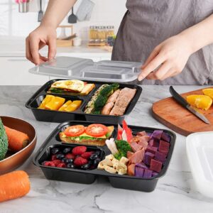 Meal Prep Containers With Lids 50 Set, 3 Compartment Divided Food Storage Containers Reusable To-go Container Plastic Lunch Box Disposable Bento Box - Microwave Safe (33 oz)