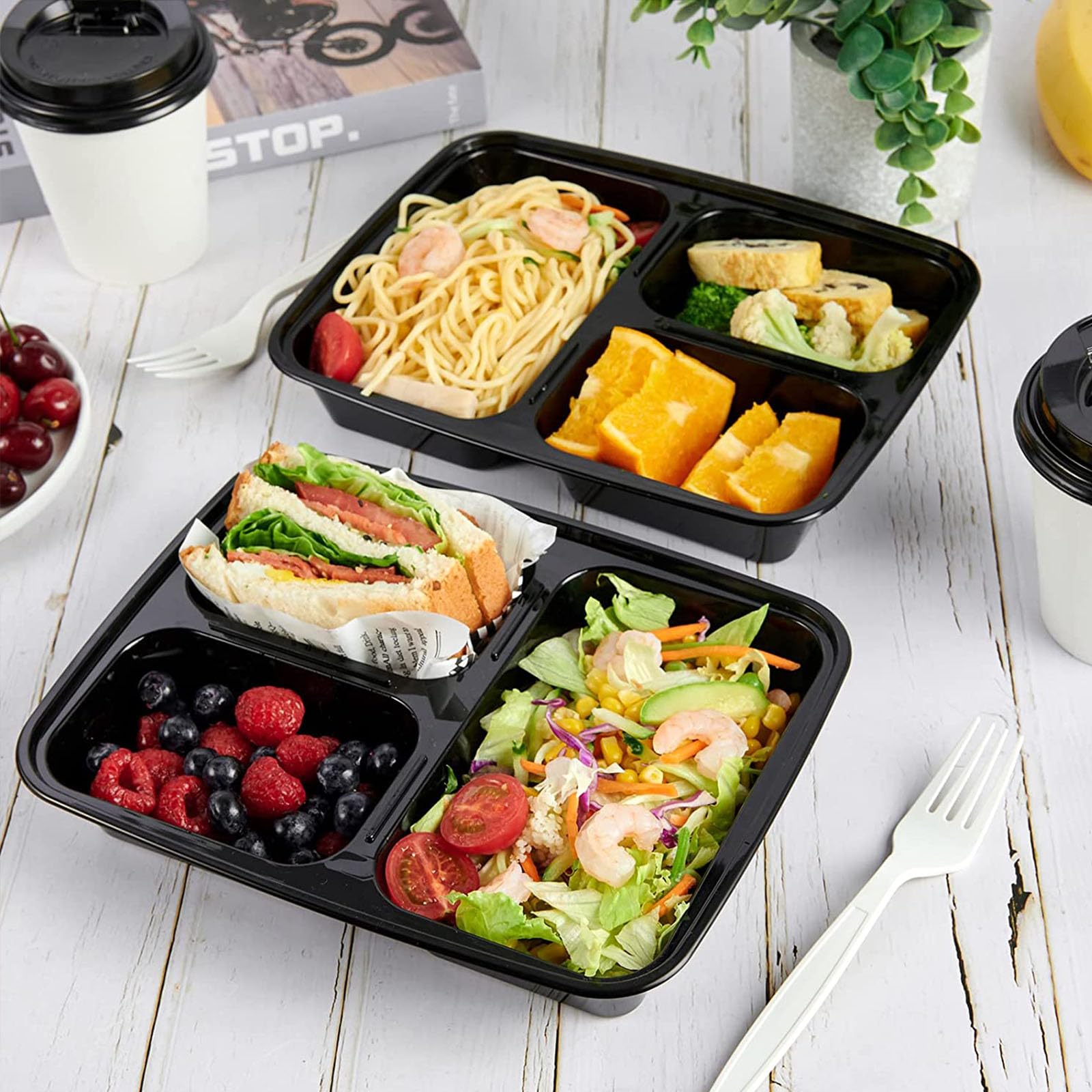 Meal Prep Containers With Lids 50 Set, 3 Compartment Divided Food Storage Containers Reusable To-go Container Plastic Lunch Box Disposable Bento Box - Microwave Safe (33 oz)