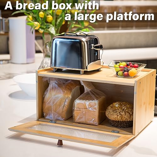 ETMI Bamboo Bread Box for Kitchen Countertop-Large breadbox Wooden Clear Bread Box with Window Bread Holder