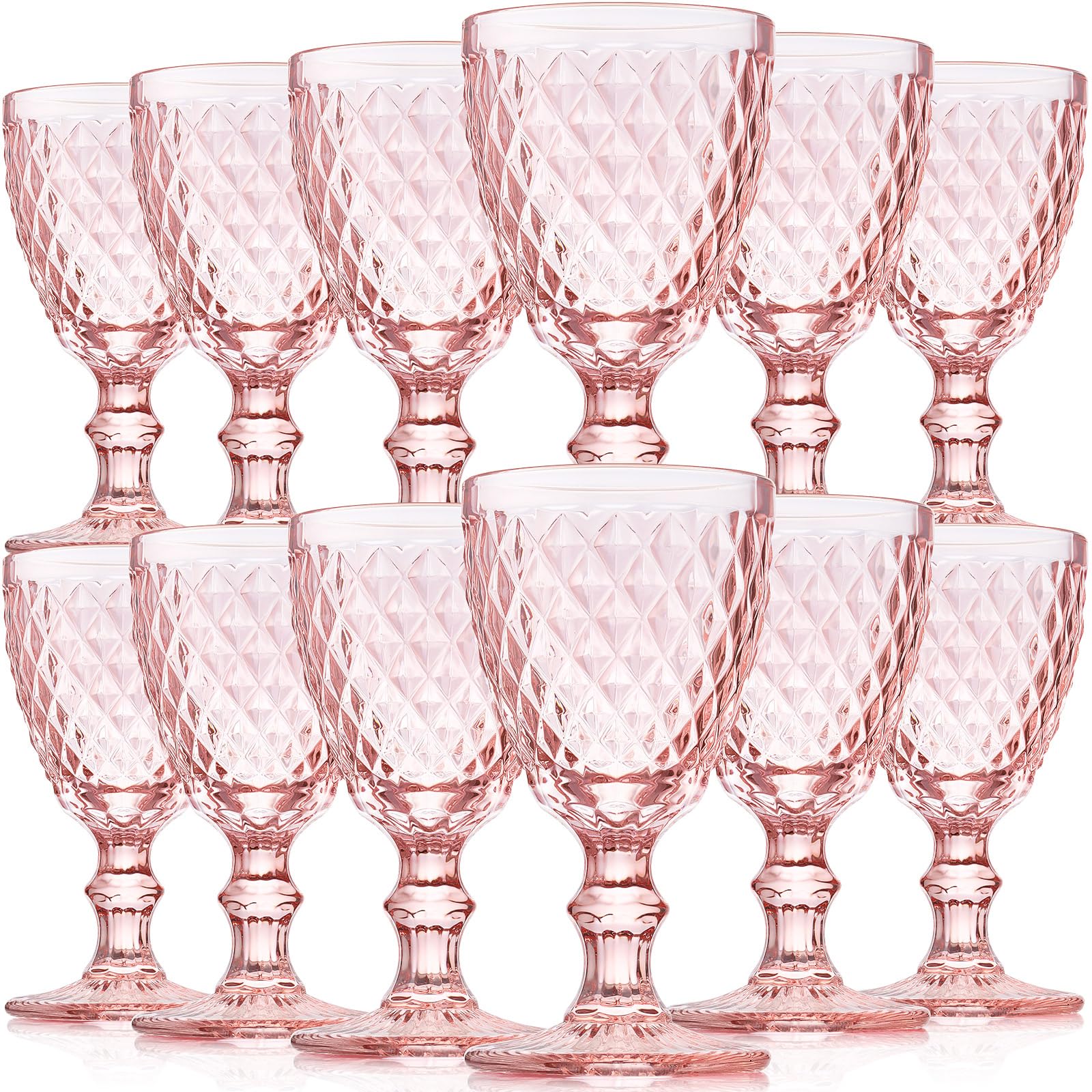 Lallisa Pink Wine Glass Set of 12 Vintage Glassware Goblets Red Wine Glass 8 oz Embossed Drinking Glass with Stem High Clear Stemmed Cups Goblet for Wedding Party Banquet Feast Bar, Daily Use