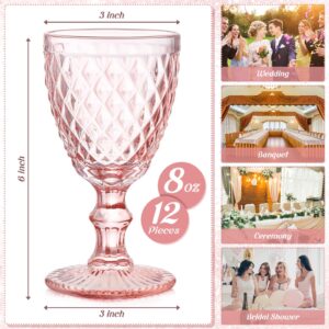 Lallisa Pink Wine Glass Set of 12 Vintage Glassware Goblets Red Wine Glass 8 oz Embossed Drinking Glass with Stem High Clear Stemmed Cups Goblet for Wedding Party Banquet Feast Bar, Daily Use