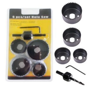 hole saw kit, 6-piece set. specially constructed heat treated carbon steel, metal hole saw kit mandrels, ideal for soft wood, pvc board，wood, plastic, drywall
