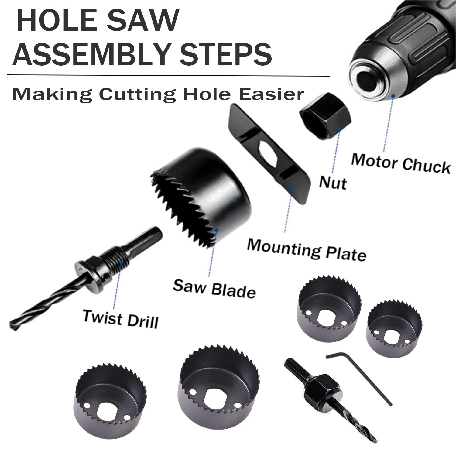 Hole Saw Kit, 6-Piece Set. Specially Constructed Heat Treated Carbon Steel, Metal Hole Saw Kit Mandrels, Ideal for Soft Wood, PVC Board，Wood, Plastic, Drywall