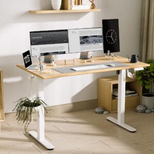 INNOVAR Solid Wood Electric Standing Desk, 55x24 Inches Adjustable Height Stand up Desk with Whole Piece Desktop, Sit Stand Home Office Desk White Frame/Nature Top