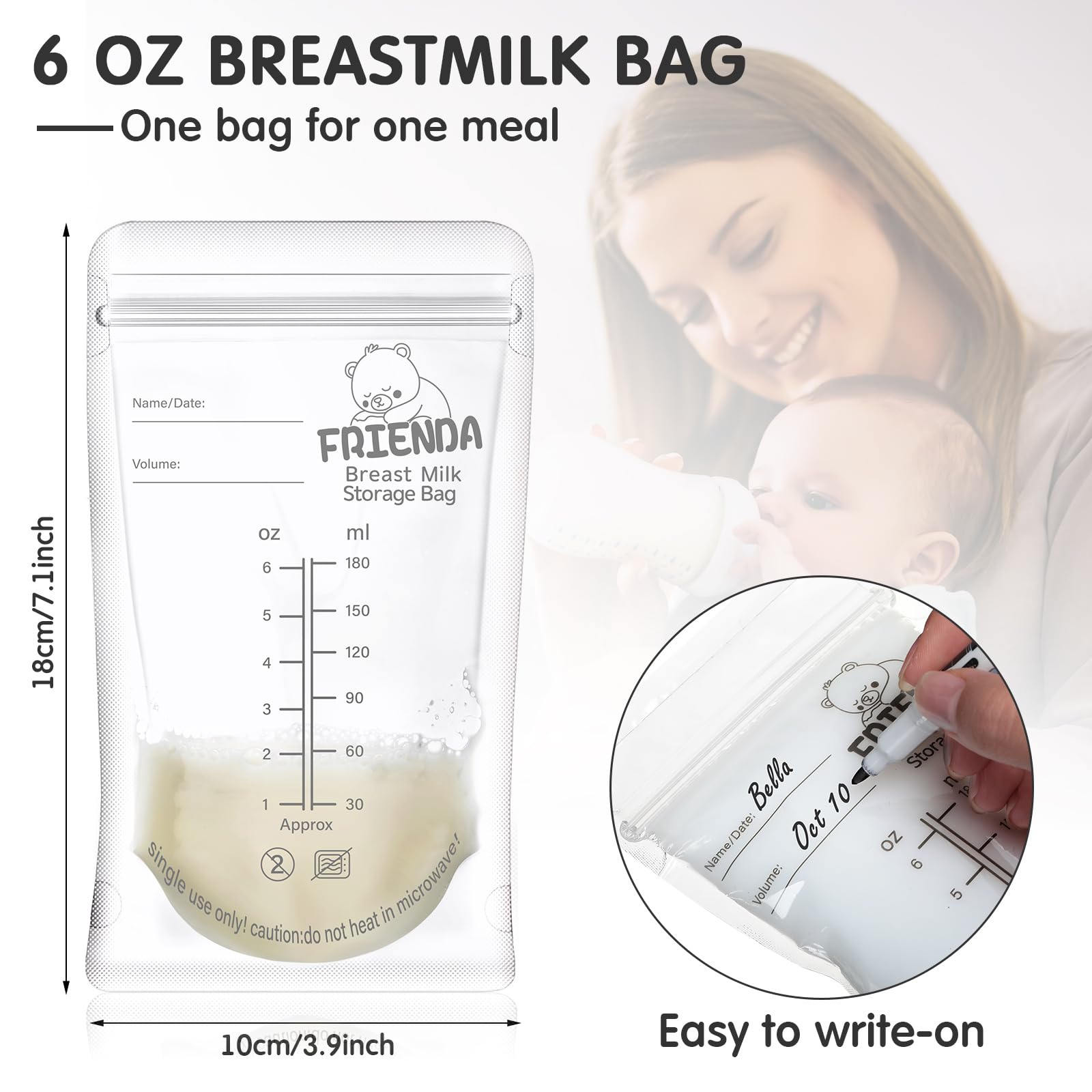 Frienda 500 Count Breastmilk Storage Bags 6 oz Breast Milk Bags for Freezing Self Standing Breast Milk Storing Bags for Breastmilk Leak Proof Double Zipper Seal Breastfeeding Storage Container