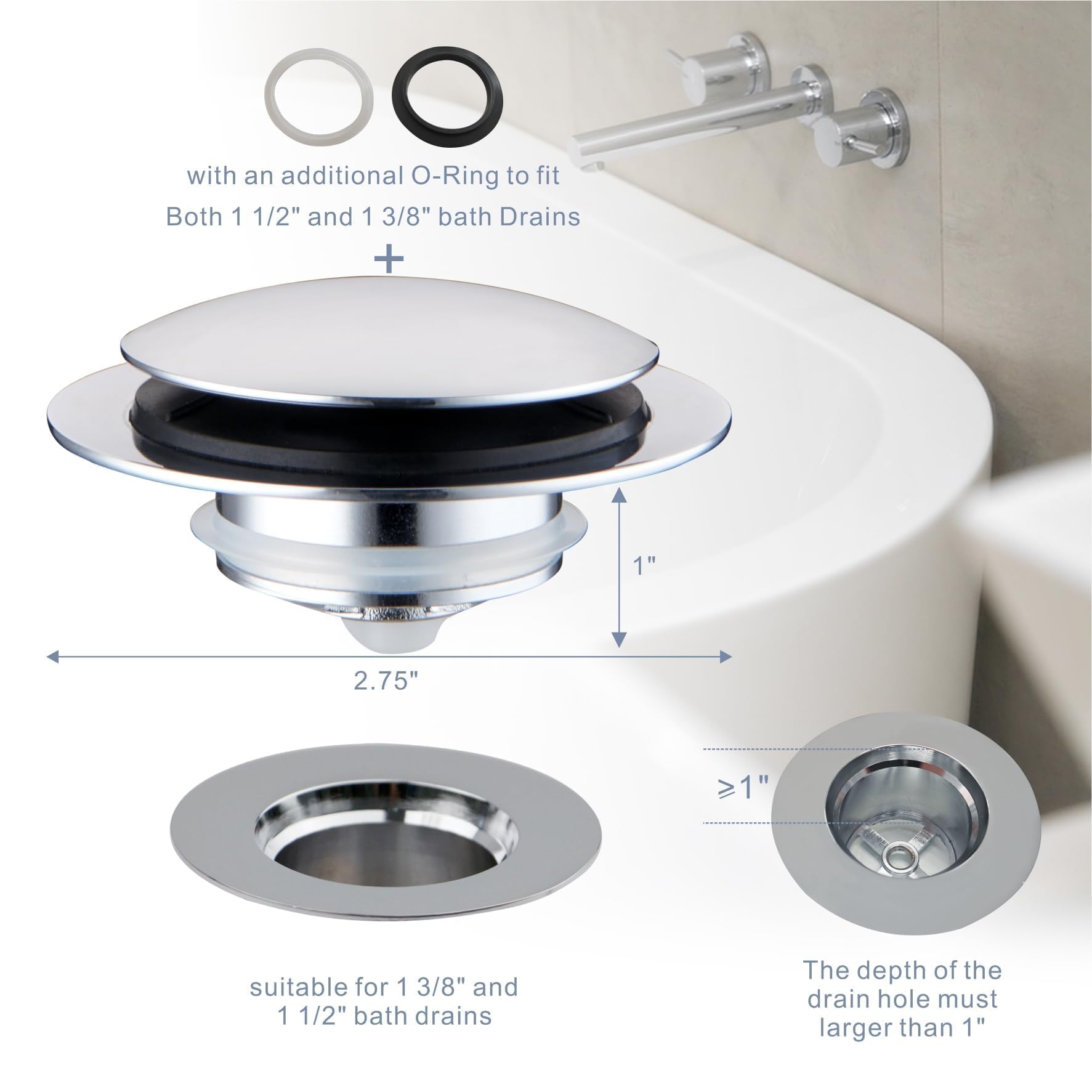 Chrome Plated Universal Tub Dain Stopper, Hidrop Pop Up Bath Drain Tip Toe Bathtub Drain Stopper,Conversion Kit Assembly, Replaces Lift and Turn, Tip-Toe and Trip Lever drains for Tub, EZ Install