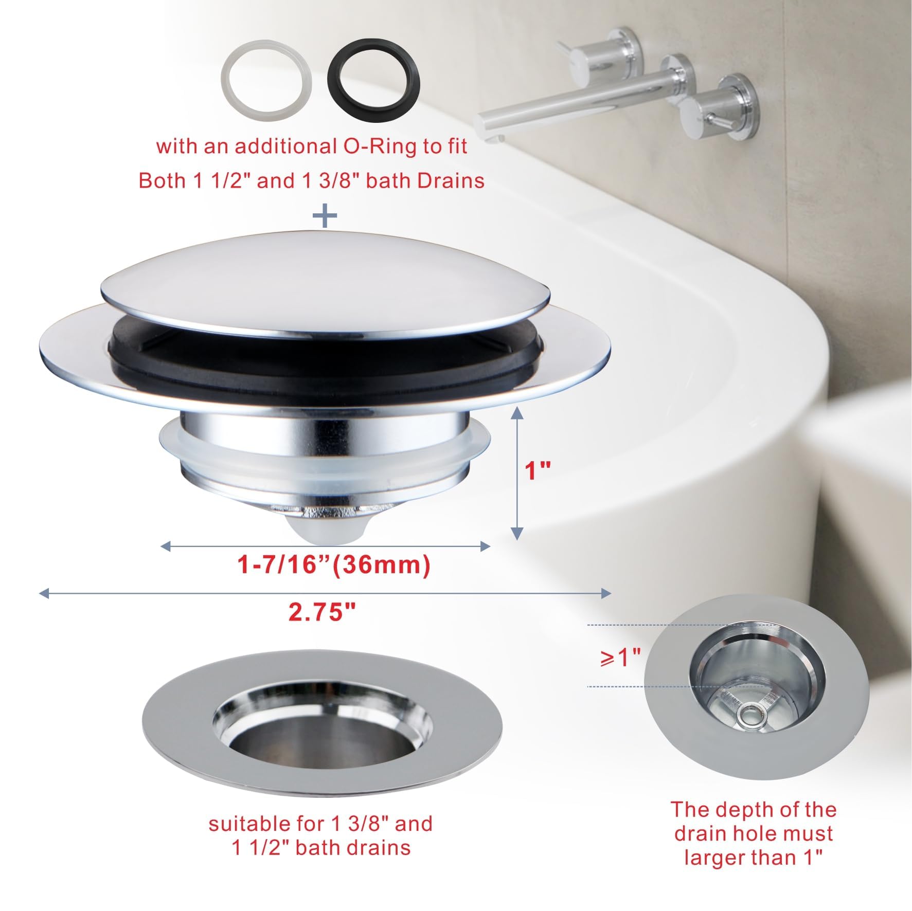 Chrome Plated Universal Tub Dain Stopper, Hidrop Pop Up Bath Drain Tip Toe Bathtub Drain Stopper,Conversion Kit Assembly, Replaces Lift and Turn, Tip-Toe and Trip Lever drains for Tub, EZ Install