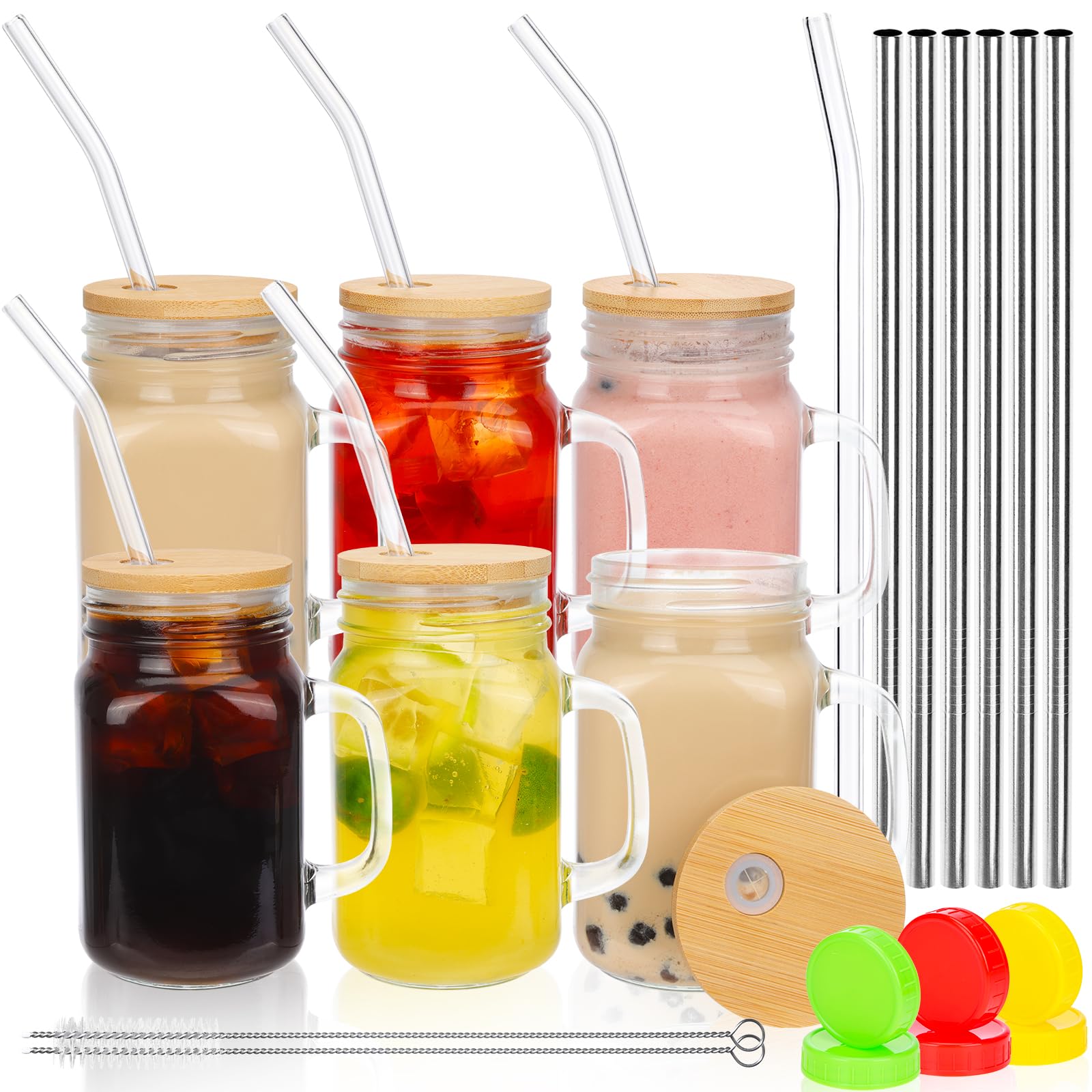 Moretoes 16oz Mason Jar Cups, Glass Cups with Lids and Straws, Iced Coffee Cups with Handle, Drinking Glass for Smoothie, Milk, Juice Set of 6