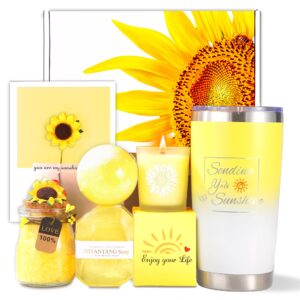fabulous sunflower gifts for women, unique birthday gifts for her, daughter, mom, sister, friends female, self care package with sunflower tumbler, candle, bath bombs, soap, salts, gift card.