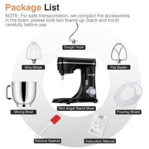 Mini Angel Electric Stand Mixer, 5Quarts, Dough Hook, Flat Beater, Wire Whisk Attachments, 10+P Speeds with Splash Guard, Black