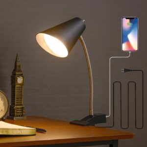 onext led clip on table lamp with 1 usb charging port, adjustable neck, on/off switch, modern desk lamp for reading, working, studying, gentle warm white light, eye protect