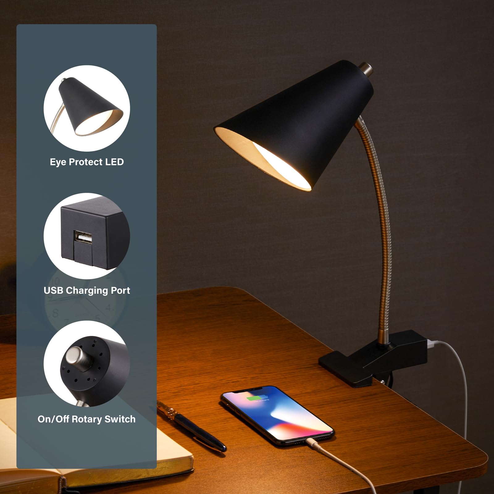 ONEXT LED Clip on Table Lamp with 1 USB Charging Port, Adjustable Neck, On/Off Switch, Modern Desk Lamp for Reading, Working, Studying, Gentle Warm White Light, Eye Protect