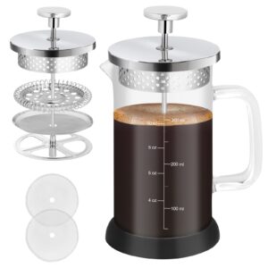 nukeekee mini french press coffee maker-304 stainless steel grilles, borosilicate glass small coffee press,non-slip silicone base-12 oz /350 ml with 2 filter screen-2 cup teapot