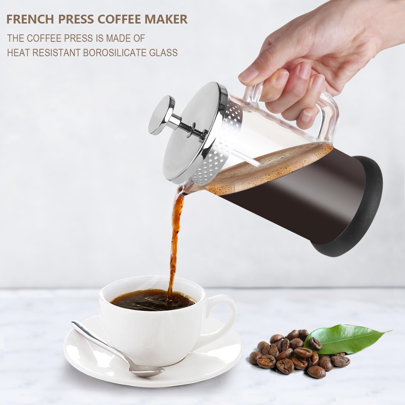 Nukeekee Mini French Press Coffee Maker-304 Stainless Steel Grilles, Borosilicate Glass Small Coffee Press,Non-slip Silicone Base-12 oz /350 ml with 2 Filter Screen-2 Cup Teapot