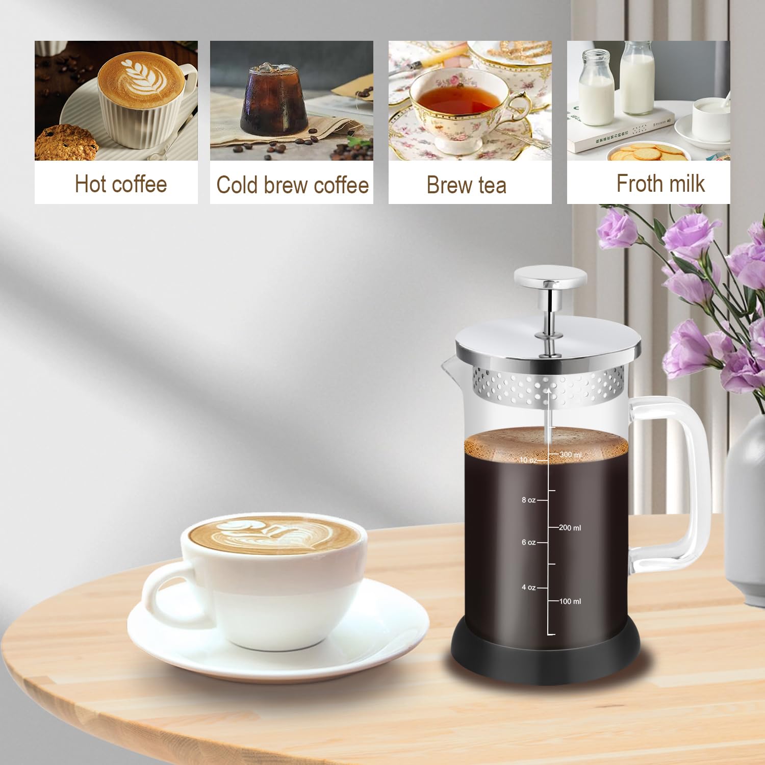 Nukeekee Mini French Press Coffee Maker-304 Stainless Steel Grilles, Borosilicate Glass Small Coffee Press,Non-slip Silicone Base-12 oz /350 ml with 2 Filter Screen-2 Cup Teapot