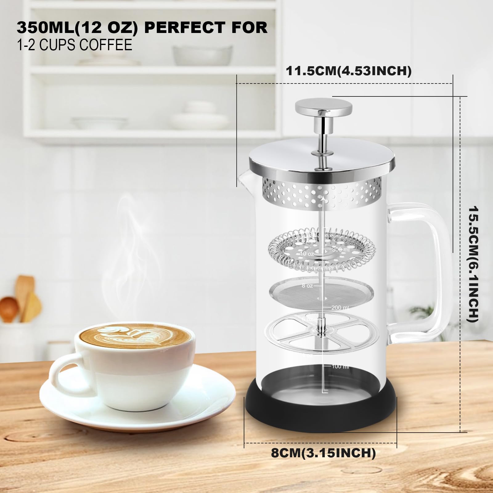 Nukeekee Mini French Press Coffee Maker-304 Stainless Steel Grilles, Borosilicate Glass Small Coffee Press,Non-slip Silicone Base-12 oz /350 ml with 2 Filter Screen-2 Cup Teapot