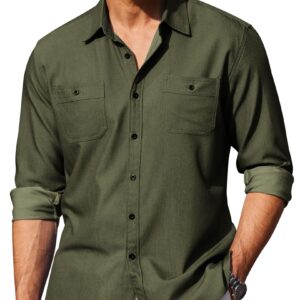 COOFANDY Mens Casual Dress Shirts Slim Fit Button Down Shirt with Two Chest Pockets Army Green