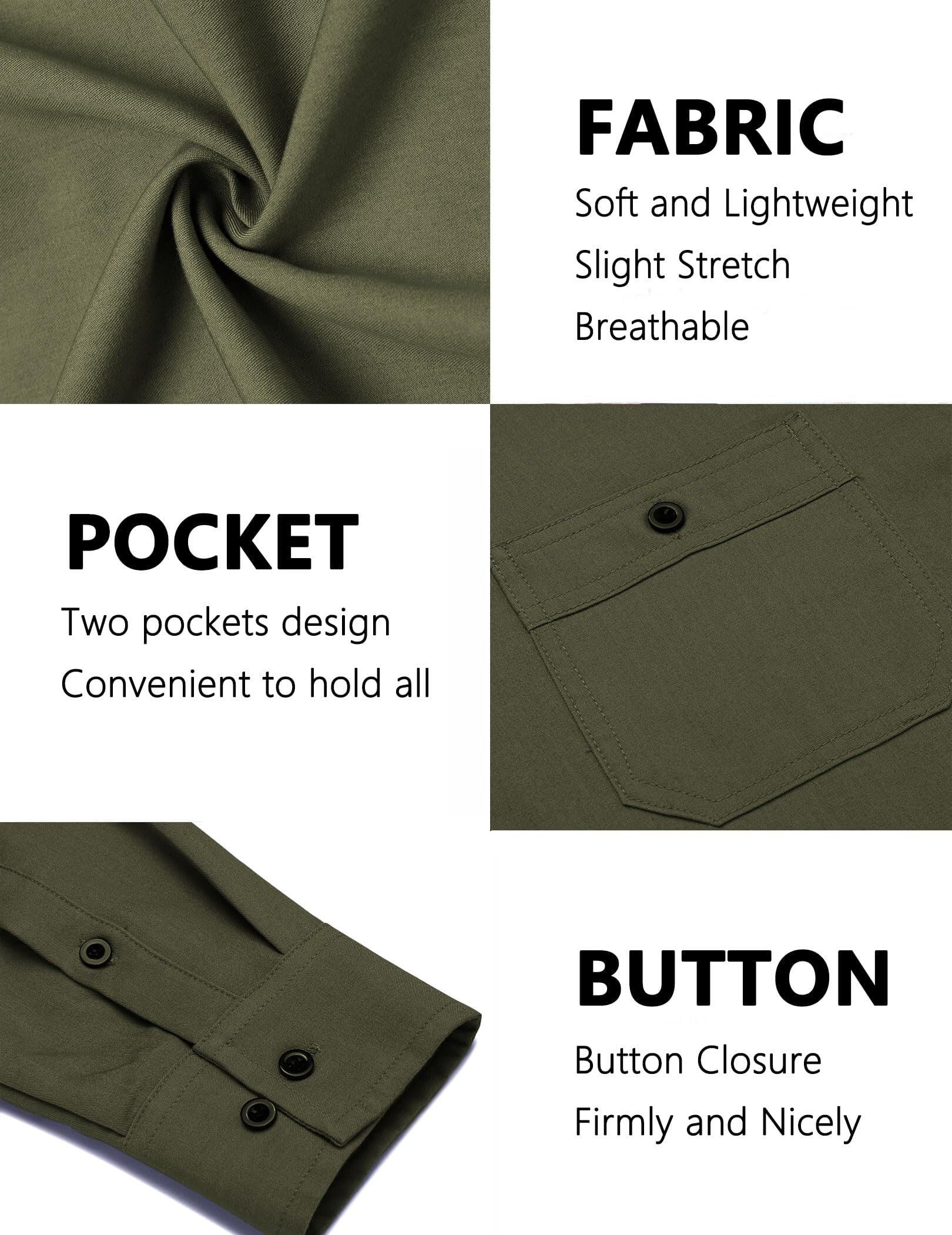 COOFANDY Mens Casual Dress Shirts Slim Fit Button Down Shirt with Two Chest Pockets Army Green