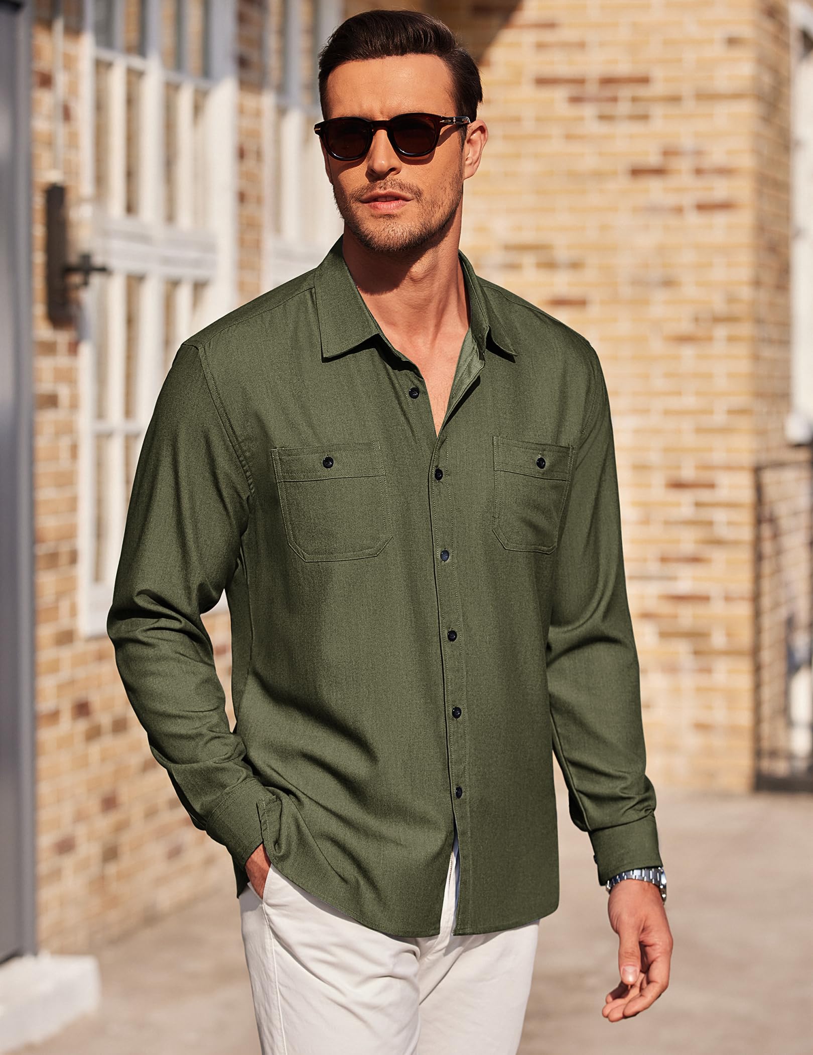COOFANDY Mens Casual Dress Shirts Slim Fit Button Down Shirt with Two Chest Pockets Army Green