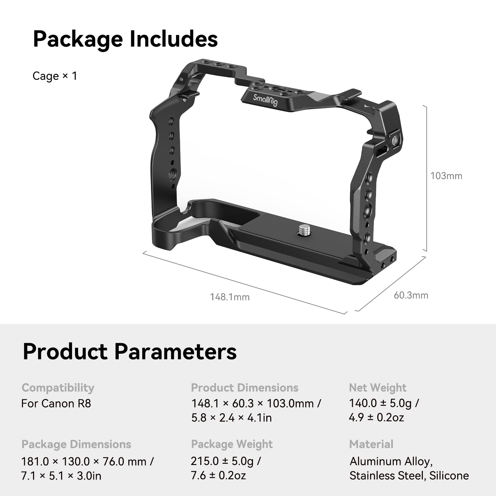 SmallRig Cage for Canon R8, Camera Cage for EOS R8 with1/4-20 Threaded Holes, 3/8"-16 Locating Holes for ARRI, Included Cold Shoe, QD Port and NATO Rail - 4212