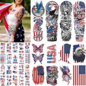 rainflowwer 4th of july temporary tattoo for adults kids, independence day sleeve tattoo, decorations tattoo,usa flag full arm tattoo, memorial day, independence day, labor day fake tattoos