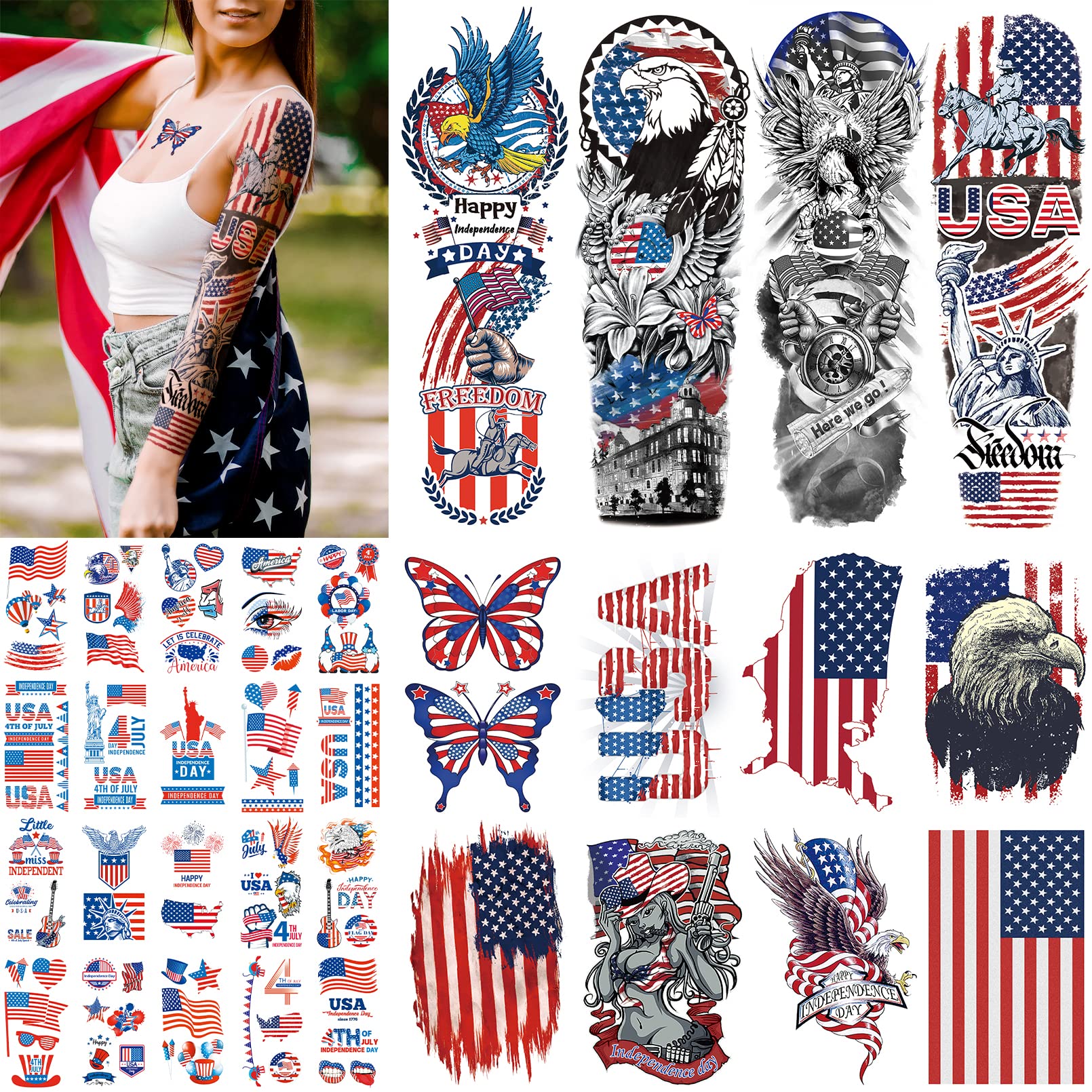 RainFlowwer 4th of july Temporary Tattoo for Adults Kids, Independence Day Sleeve tattoo, Decorations tattoo,USA Flag Full Arm tattoo, Memorial Day, Independence Day, Labor Day Fake Tattoos