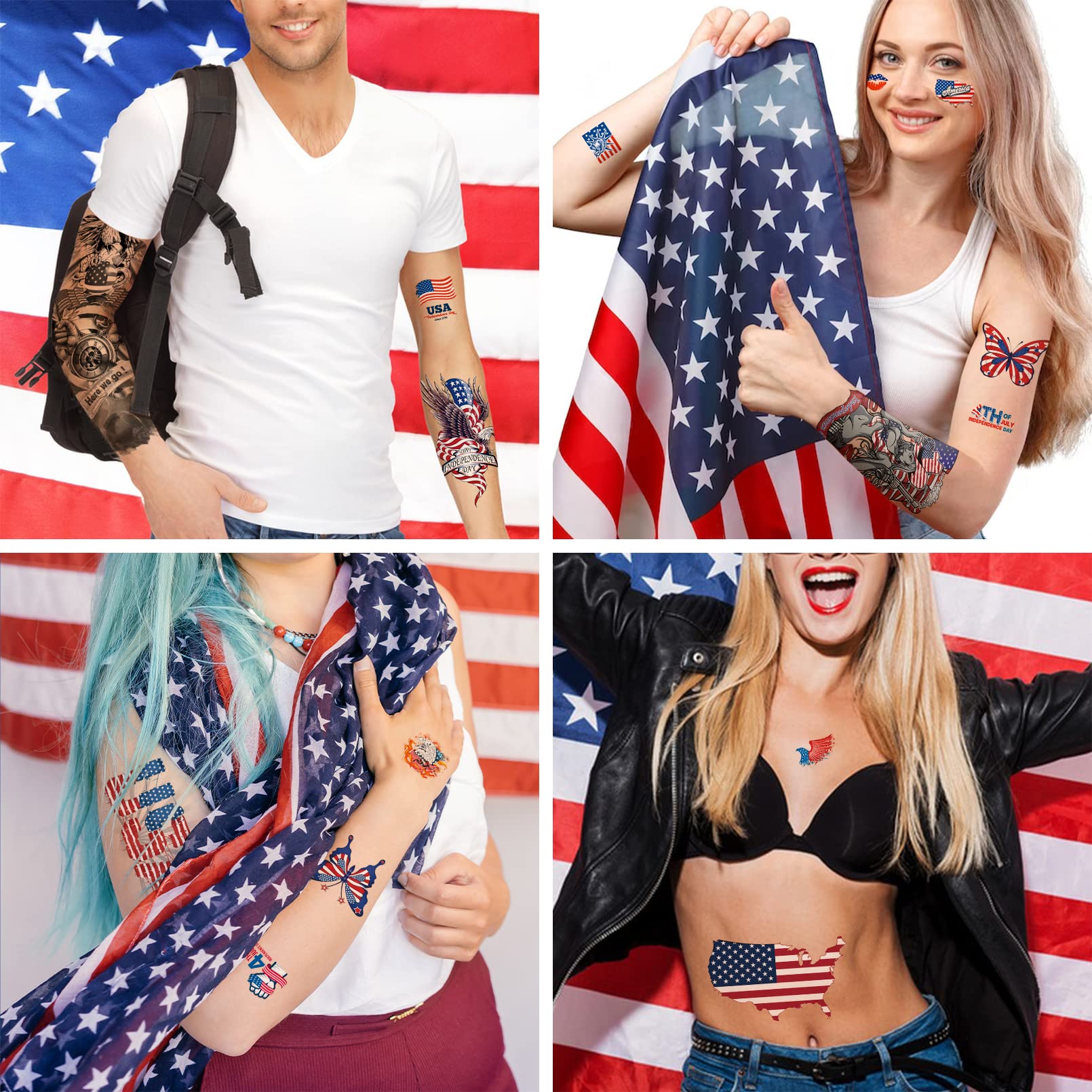 RainFlowwer 4th of july Temporary Tattoo for Adults Kids, Independence Day Sleeve tattoo, Decorations tattoo,USA Flag Full Arm tattoo, Memorial Day, Independence Day, Labor Day Fake Tattoos